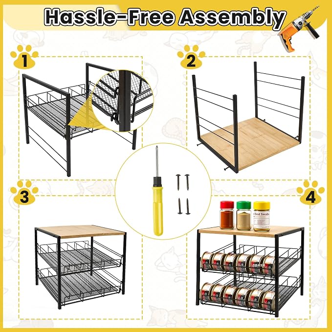 Bamboo & Iron Cat Food Organizer for Pantry, 2-Tier Can Stackable Storage Rack Holds 48 (3oz) Cans, Flat Top for Extra Storage, Automatic Slide-Down Perfect for Pet Food Cans - Image 3
