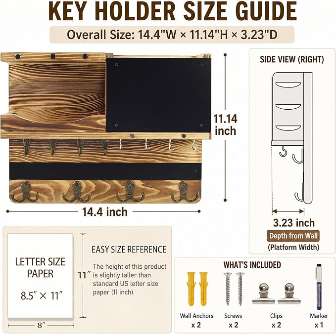Key Holder for Wall Mount with Shelf and Mail Organizer, Key and Mail Holder with 16 Hooks, Farmhouse Entryway Organizer, Home Decor Rack(Pine Wood, Wood Color) - Image 2