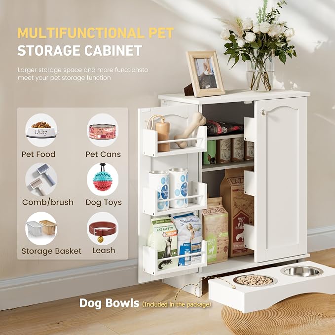 FIMELLO 31.7" High Dog Feeding Station with Feeding Bowls, Pet Organizers and Storage Adjustable Shelf, Dog Feeder Station, Pet Storage Cabinet for Cats and Dogs, White - Image 3