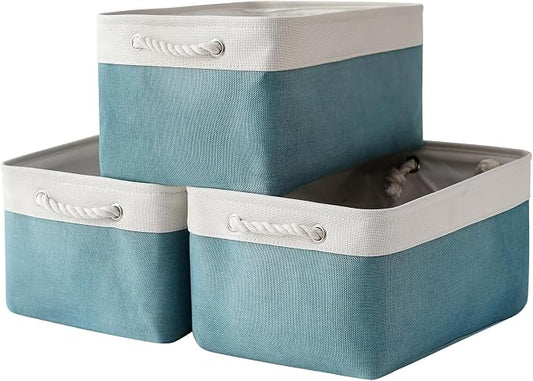 TheWarmHome Storage Bins - Large 3 Pack 15.7x11.8x8.3 in Fabric Storage Baskets for Organizing Shelves | Large Basket Closet Organizer for Home Decor Shelf Baby Toy Laundry (White & Green) by TheWarmHome