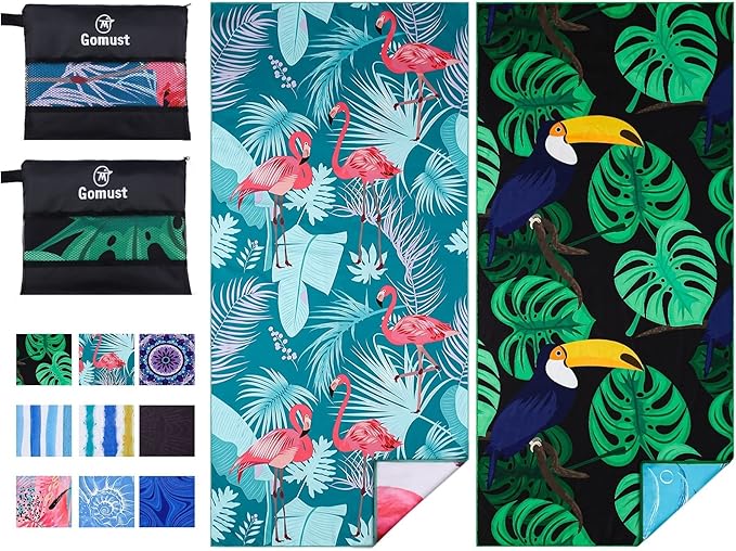 Microfiber Beach Towel Oversized 71x32 Flamingo with Bag 2 Pack | Thin Lightweight Sand Free Absorbent Quick Dry Compact Large for Adult Travel Camping Pool Swim Bath Cruise Essentials Gift by Gomust