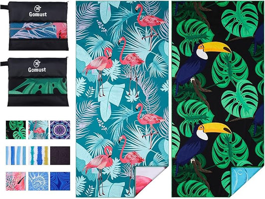 Microfiber Beach Towel Oversized 71x32 Flamingo with Bag 2 Pack | Thin Lightweight Sand Free Absorbent Quick Dry Compact Large for Adult Travel Camping Pool Swim Bath Cruise Essentials Gift by Gomust
