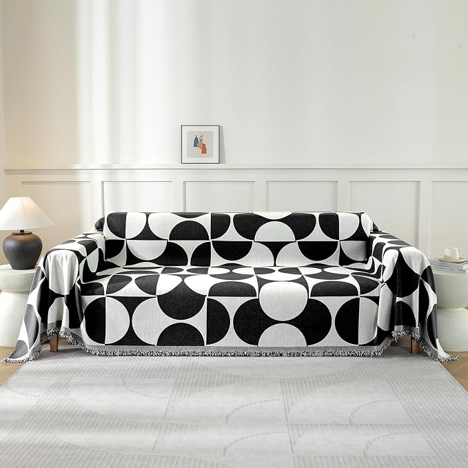 Couch Cover for Sofa, Boho Sofa Cover Washable Couch Cover for Dogs, Pet Sofa Cover for 3-Cushion Couches with Tassel Furniture Protector Cover,71" x 134",Black & White-Half-Round-2 by YSTELLAA