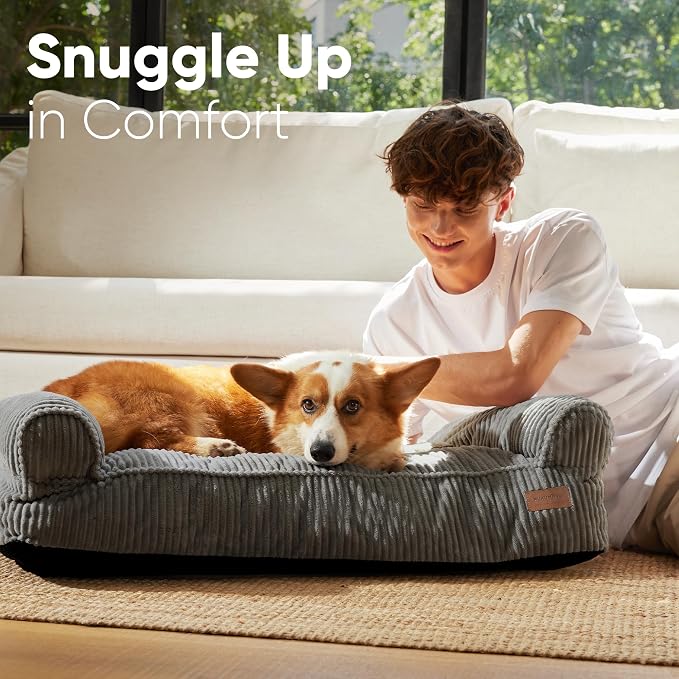 FUKUMARU Dog Couch Bed, Corduroy Cozy Cat Bed, Waterproof, Washable Cover | 28in Orthopedic Dog Beds Sofa for Small Dogs and Large Cats, Cute Warm Cotton Pet Sofa - Image 3