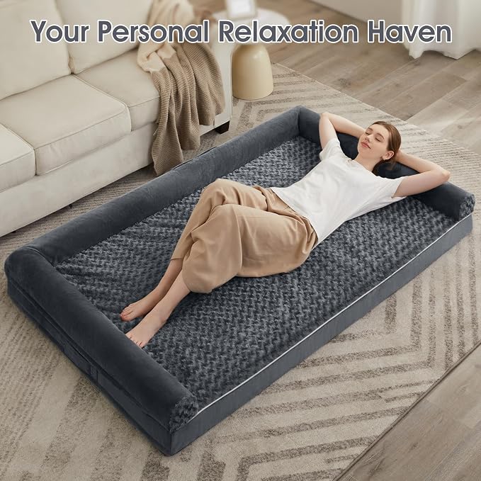 BFPETHOME Orthopedic Washable Human Dog Bed for Adult & Dog Cozy Sleep | Human Size Waterproof Big Soft Pet Couch Bed for Adult & Dogs Relax with Removable Cover Supportive Foam Dark Grey 71x46 Inch - Image 4