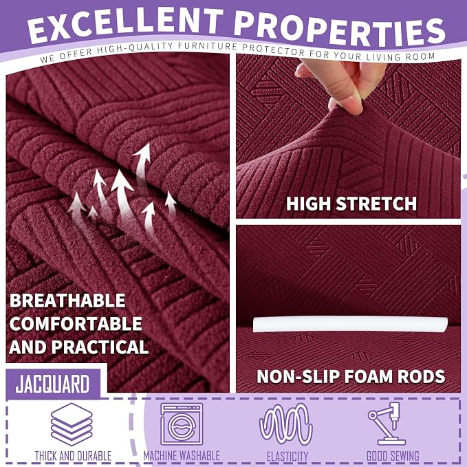 ZNSAYOTX 3 Piece Stretch Sofa Covers (71"-91") for 2 XL Cushion Couch, Thick Striped Sofa Cover with Elastic Band Bottom Ties Non-Slip Stay in Place, Soft Durable Couch Slipcovers, Wine Red - Image 3