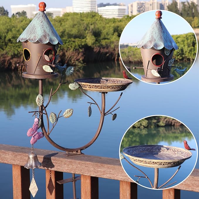 Deck Bird Bath, Metal Bird Bath and Bird Houses, Deck Mounted Bird Bath | Detachable and Adjustable Sturdy Deck Bird Bath for Outdoor Porch Yard Garden Decoration - Image 4