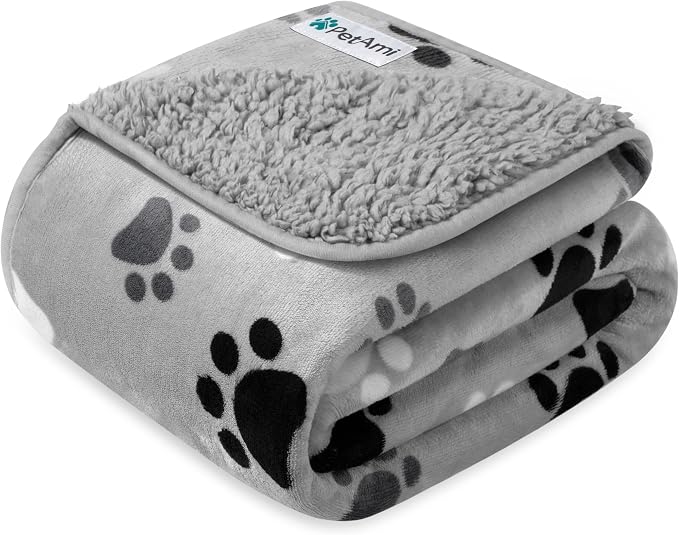 PETAMI Sherpa Fleece Waterproof CAT and Dog Blanket, PAW Gray, Small by PetAmi