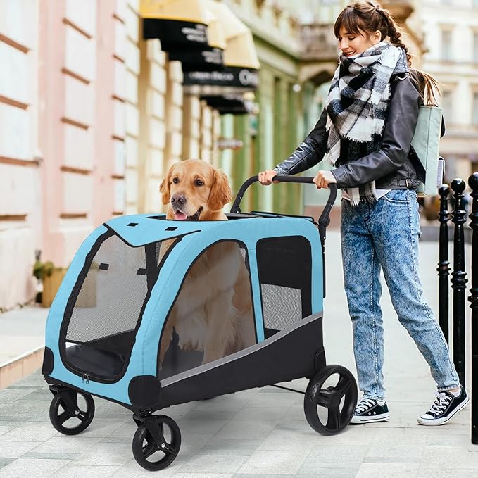 Dog Stroller for Large Dogs, Extra Large Pet Stroller for Medium Dogs, Dog Wagon Carriage, Foldable Design, Adjustable Handle, with Pocket, Up to 130 lbs, Blue