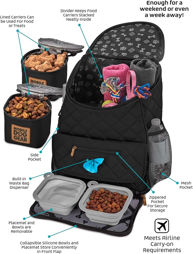 Mobile Dog Gear: Weekender Backpack - Black - Quilted Pet Travel Bag Holds Dog Accessories, Food Carriers, Silicone Bowls, Built-In Feeding Placemat - Image 3