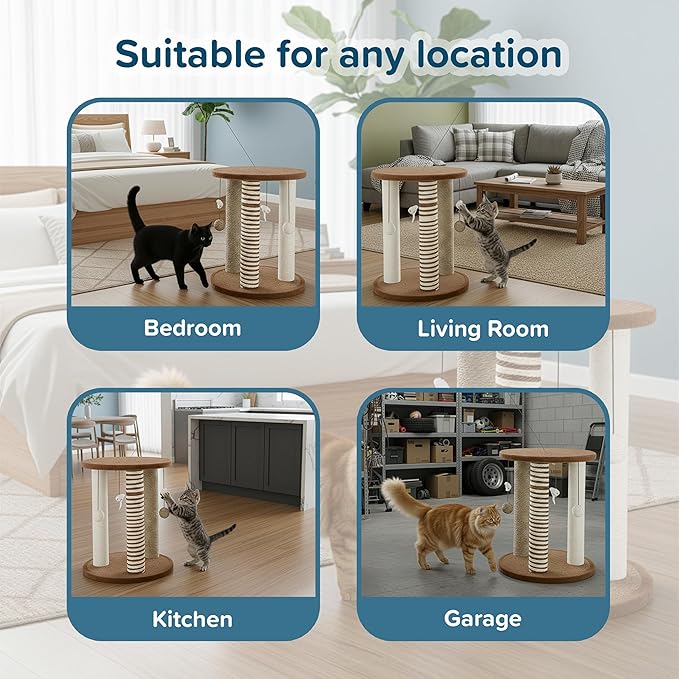 Cat Scratching Post - 3 Scratcher Posts with Carpeted Base Play Area and Perch - Furniture Scratching Deterrent for Indoor Cats by PETMAKER (Brown), Large - Image 4