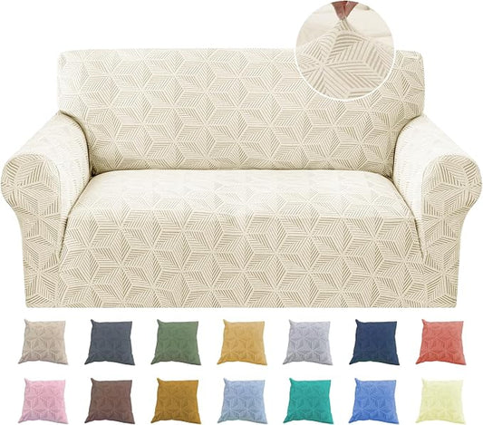 YEMYHOM 1 Piece Stretch Couch Covers for 2 Cushion Couch, Jacquard Loveseat Cover with Non-Slip Elastic Bottom, Thickened Slipcover Furniture Protector for Dogs Pets (Medium, Beige） by YEMYHOM