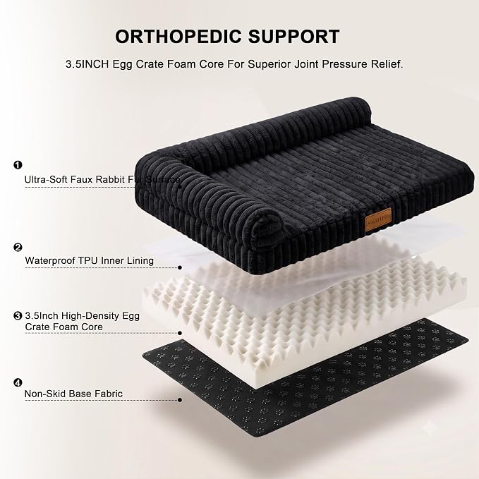 Orthopedic Calming Large Dog Bed Pet Sofa Bed 36''X24'' Black | 2-Sided Pet Couch Large Sized Dog, Soft Egg-Crate Foam Dog Mat, Waterproof Removable Washable Cover, Nonskid Bottom Cat Bed - Image 6