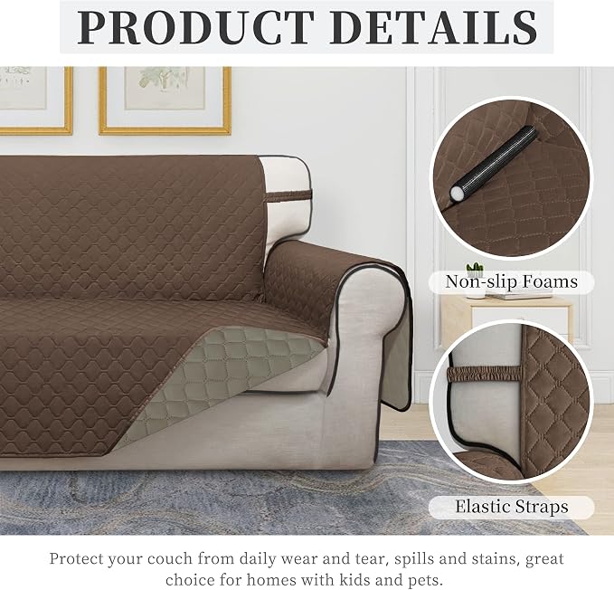 ISSUNTEX Double Protection 100% Waterproof Sofa Covers for Living Room, Couch Covers for 3 Cushion Couch Sofa, Reversible Furniture Protector Sofa Cover for Dogs, Pets, Kids (Sofa, Brown/Beige) - Image 5