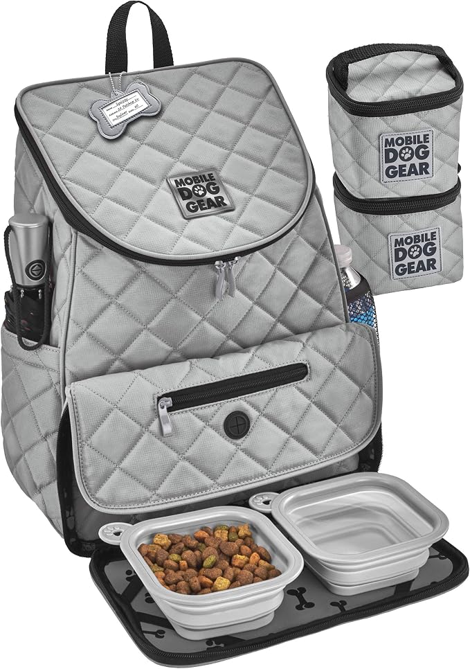 Mobile Dog Gear, Dog Travel Bag, Deluxe Quilted Weekender Backpack, Includes Lined Food Carriers and 2 Collapsible Dog Bowl, Gray - Image 2