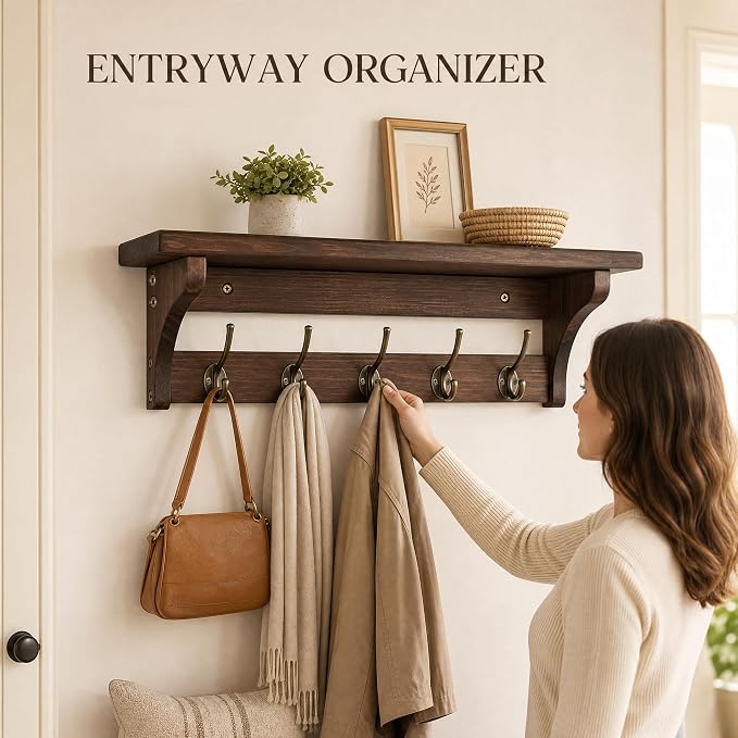 Wall Mounted Coat Rack with Shelf, Solid Wood & Metal Hooks – 23.2 Inch Entryway Organizer with 5 Hooks for Hanging Coats, Hats, Bags, Keys, Rustic Brown for Hallway, Bedroom, Bathroom（23.2 Inch） - Image 6