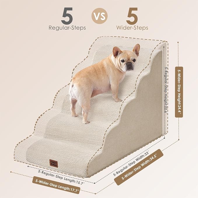 EHEYCIGA Curved Dog Stairs Ramp for High Beds, 5-Step Extra Wide Dog Steps for Small Dogs and Cats, Pet Stairs for High Bed Climbing, Non-Slip Balanced Pet Step Indoor, Beige - Image 4