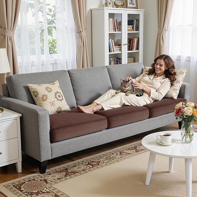 Hokway Velvet Couch Cushion Covers Water Resistant Seat Covers Stretch Sofa Cushion Protector(Small-3PC, Brown) - Image 4