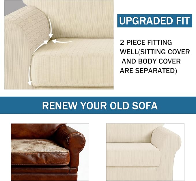 Sofa Cover Stretching Skid Resistance Couch Cover for Pets Washable, Thick and Durable Soft High Spandex Striped Pattern Sofa Covers, Form Fitted Sofa Slipcover(Sofa, Ivory) - Image 4