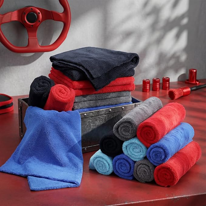 Shimeyao 30 Pcs 16 x 16 Inch Edgeless Microfiber Plush Towels for Cars Detailing Drying Wash Polishing Absorbent Cleaning Cloths, 500 GSM (Blue, Light Blue, Black, Grey, Red) - Image 5