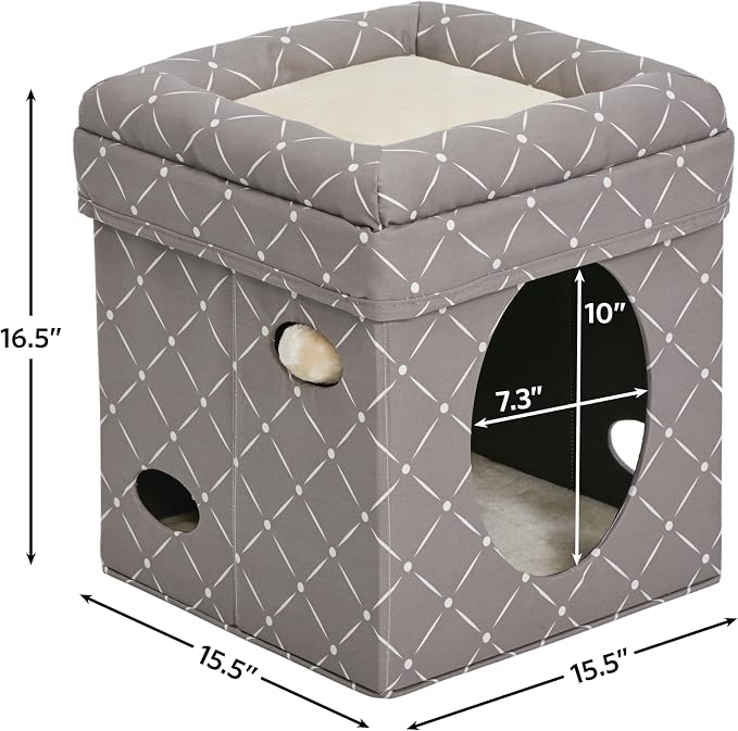 MidWest Homes for Pets Feline Nuvo Curious Cat Cube, Foldable Cat Hideout with Toy, Bolstered Bed Top, Mushroom Diamond, Faux Fur - Image 6