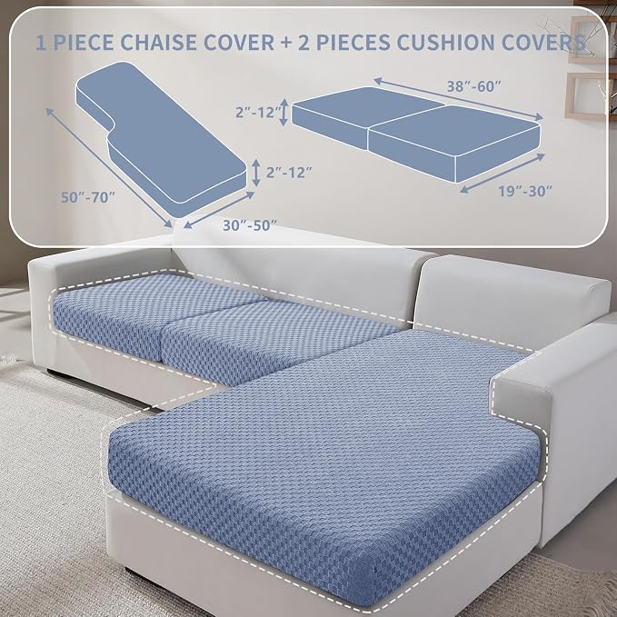 YEMYHOM Couch Cushion Covers for Sofa, Stretch Sectional Couch Seat Cushion Covers Washable Thick Furniture Protector Sofa Slipcovers for Pets (2 Seater + 1 Chaise, Light Blue) - Image 2