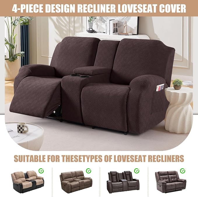 VANSOFY Stretch Recliner Loveseat Cover with Middle Console, Dark Coffee | 4-Pieces, Soft Furniture Protector, Washable Slipcover with Pocket, Pets Sofa Cover, High Stretchy fabric Couch Cover - Image 4