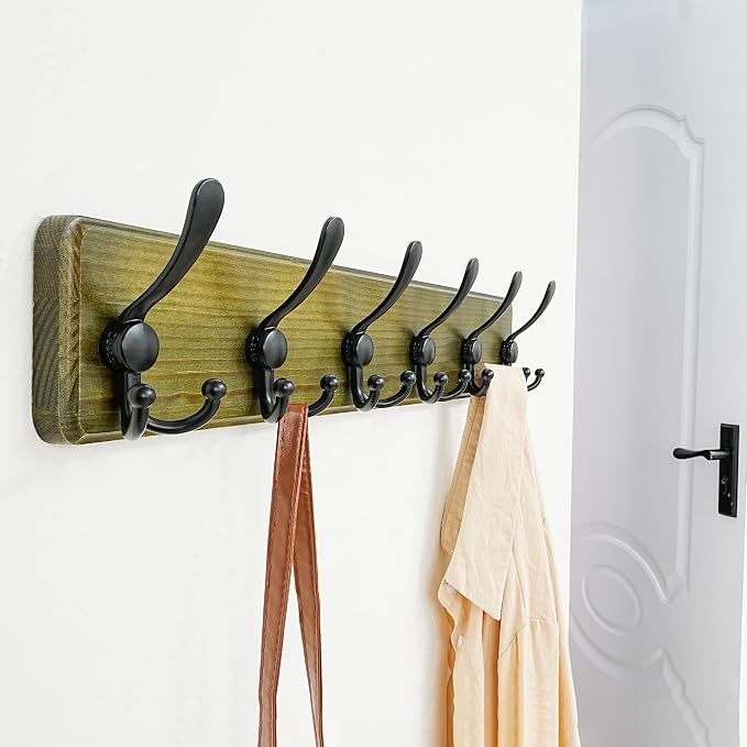 Dseap Coat Rack Wall Mounted - 24" Long 6 Tri Hooks, Heavy Duty Wooden Wall Coat Hanger Coat Hook for Clothes Hat Jacket Clothing, Weathered Green and Black, Pack of 2 - Image 5