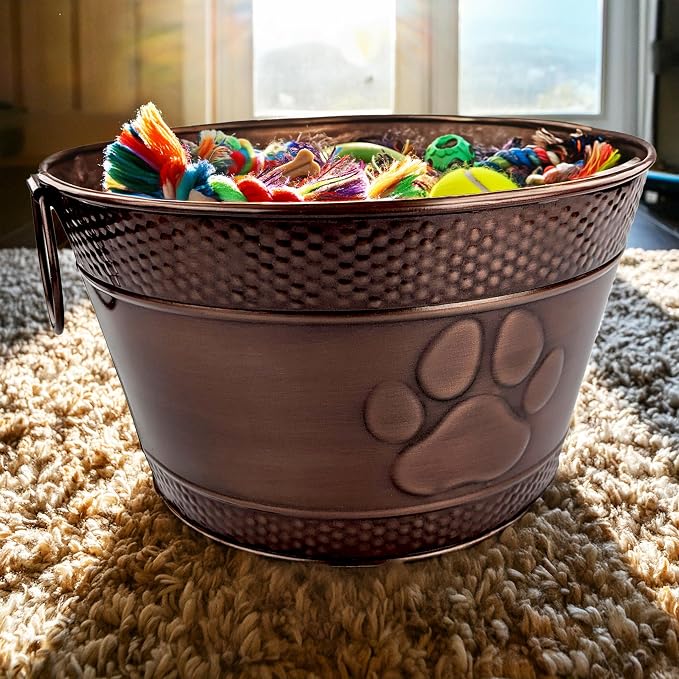 BREKX Metal Indestructible Dog Toy Bin - Chew-Proof Storage Bin | Copper Finish Farmhouse Organizer Storage Basket for Pet Toys, Blankets, Leashes with a Embossed Paw-Print - Image 6
