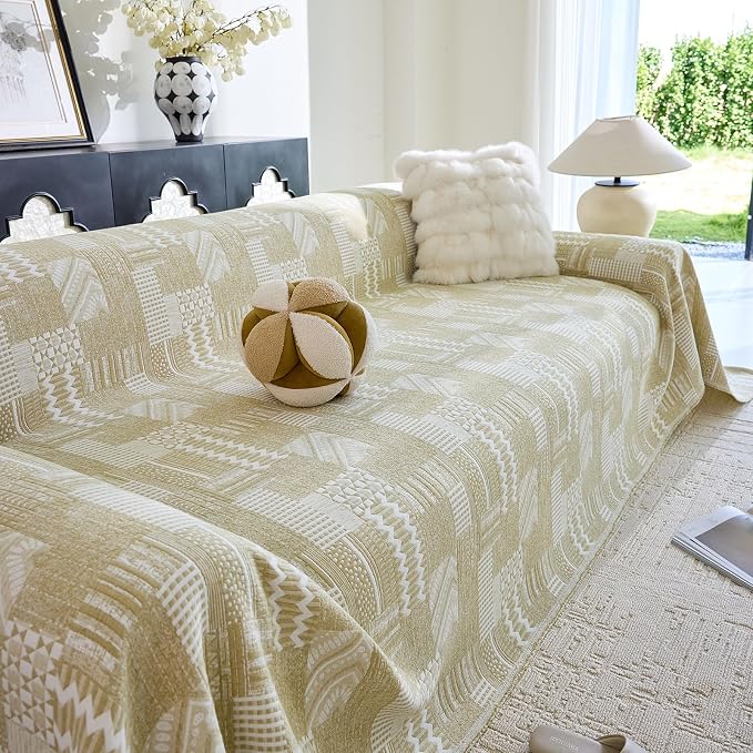 DREAMINGO Vintage Patchwork 3-Layer Gauze Geometric Jacquard Sofa Cover, Farmhouse Couch Cover Blanket for 2 Seater, Living Room Washable Furniture Protector, Straw Yellow, 91"x118" - Image 2