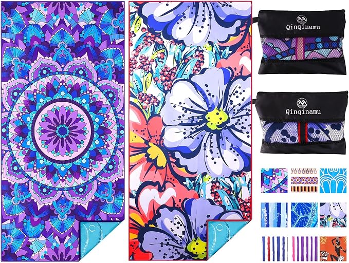 2 Pack Microfiber Oversized Lightweight Beach Towel 71"x32" XL Extra Large Thin Sand Free Towels Travel Swim Pool Yoga Gym Camping for Adults Women Men Beach Essentials Accessories Vacation Gift by Qinqinamu