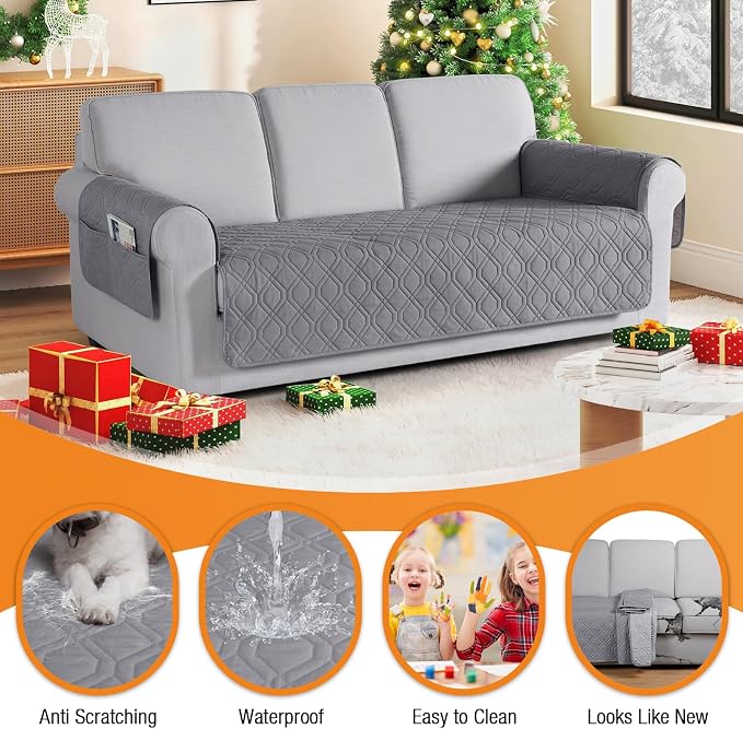 VANSOFY Waterproof Couch Cover for Pets, Light Gray, 72.4" | Non-Slip, Washable, Utility Pockets, Pet Friendly, Furniture Protector Slipcover for 3 Cushion Plus Couch - Image 4