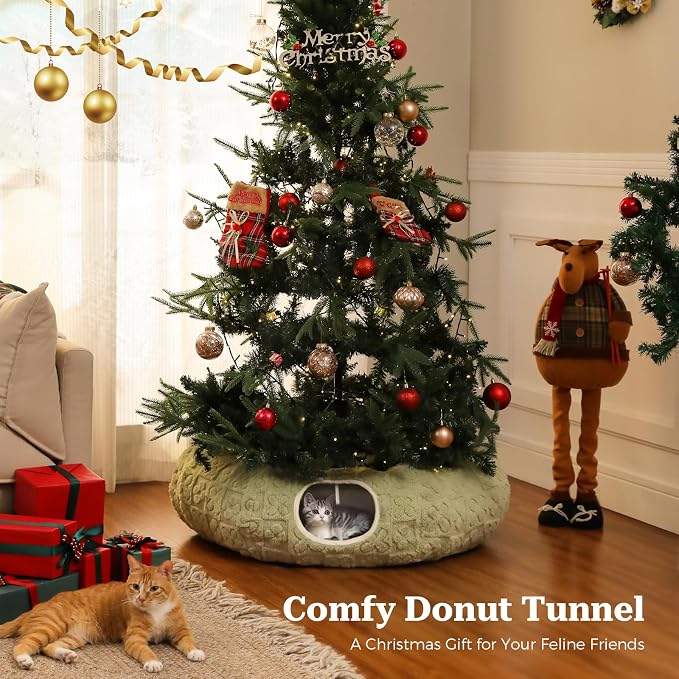 PEQULTI Cat Tunnel with Bed for Indoor Cats, Cat Play Donut Tunnel with Washable Soft Plush Mat, Round Tube Toys Cute Tube for Kittens, Puppies, Rabbits and Ferrets, Green - Image 2