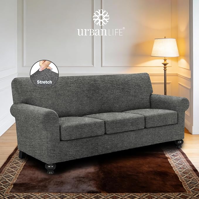 URBANLIFE 4-Piece Stretch Sofa Covers for 3 Cushion Couch, Gray | Super fitted spandex slipcovers for couches. Non-slip elastic bottom. Machine washable furniture protector for kids & pets. - Image 2