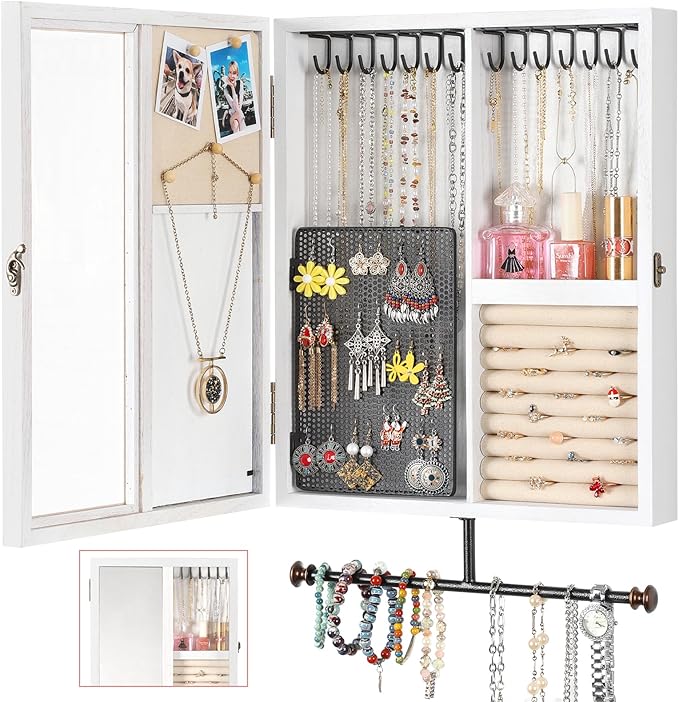 Keebofly Wall Jewelry Organizer Cabinet with Mirror,Rustic Wood Storage for Necklaces, Earrings, Bracelets & Rings, Large-Capacity Hanging Cabinet – White by Keebofly