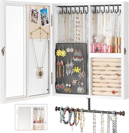 Keebofly Wall Jewelry Organizer Cabinet with Mirror,Rustic Wood Storage for Necklaces, Earrings, Bracelets & Rings, Large-Capacity Hanging Cabinet – White by Keebofly