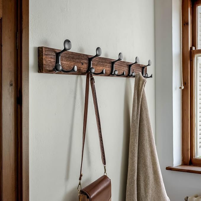 SKOLOO 30-Inch Wood Burnt Coat Rack Wall Mount with 5 Triple Hooks - Ideal for Family Entrances, Classrooms, and Pet Supplies Storage - Perfect Coat Hooks for Wall - Image 2