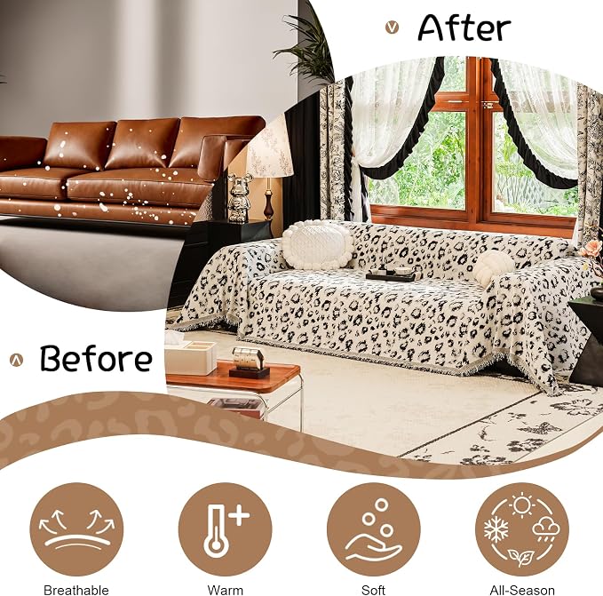 VClife Vintage Leopard Couch Cover, Cute Loveseat Cover for Sofa, Aesthetic Cheetah Pattern Couch Cover for 2 Cushion Couch Sofa, Washable Pet Furniture Protector with Tassel, Black, 71''x118'' - Image 6