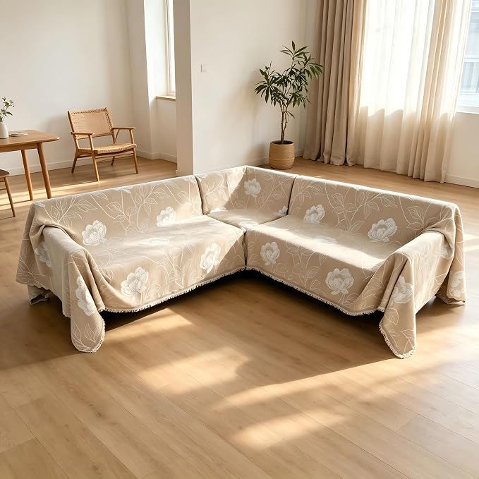 1OO% Waterproof Sectional Couch Covers for Dogs L Shaped Corner Sofa Cover Washable Chenille Sofa Slipcovers Blanket Modern Jacquard Pet Furniture Protector (91"x252", Beige Flower) - Image 2