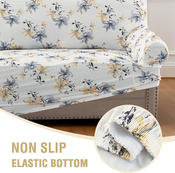 H.VERSAILTEX Printed Couch Cover for Dogs Washable High Stretch Sofa Covers for 3 Cushion Couch Super Soft Sofa Slipcovers Floral Pattern(Vintage Petal-Yellow,Sofa) - Image 7