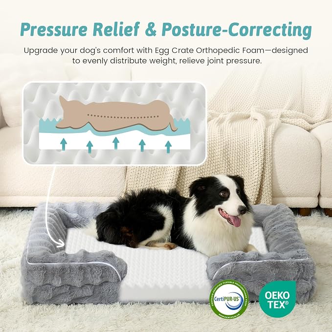 COZY KISS Orthopedic Dog Bed for Extra Large Dog 44x32 inch, XL Faux Fur Pet Sofa, Bolster Foam Bed with Sides, Non-Slip and Egg-Crate Big Dog Couch Bed with Washable Removable Cover, Grey - Image 2