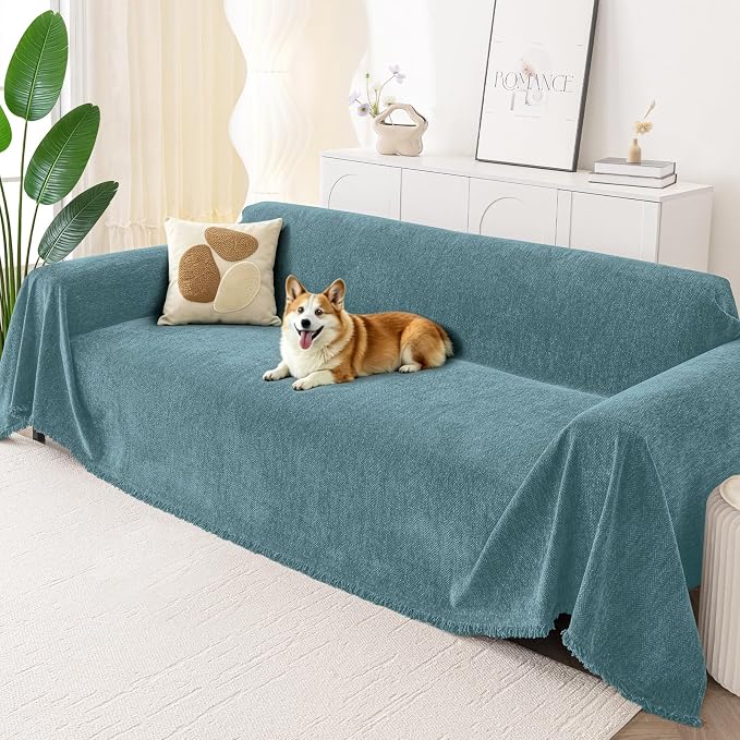 Smiry Couch Cover for Dogs, Chenille Sofa Covers for 3 Cushion Couch | Washable Soft Sofa Slipcover for Pets, Thick Sectional Furniture Protector with Tassels (Blue, 88.5x150 Inch) by Smiry