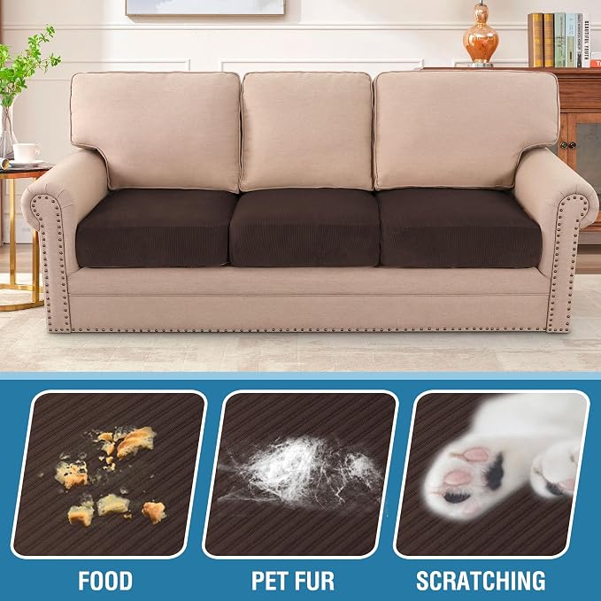 H.VERSAILTEX Velvet Stretch Couch Cushion Cover Plush Cushion Slipcover for Chair Loveseat Sofa Cushion Furniture Protector Seat Cushion Sofa Cover (3 Piece XL Sofa Cushion Covers, Brown Striped) - Image 3
