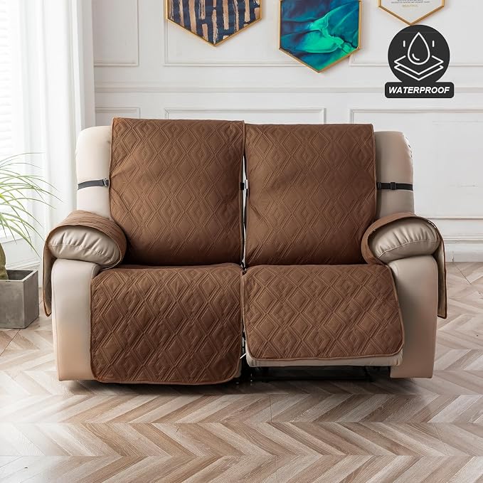 Genina Waterproof Loveseat Recliner Cover Non-Slip, Sofa Cover for Reclining Couch 2 Seat, Washable Couch Cover Loveseat Furniture Protector Cover for Pets Dogs Kids (Brown, Recliner Loveseat) - Image 8