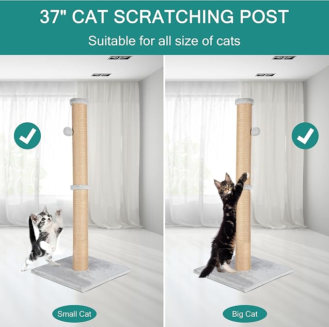 FluffyDream 37'' Cat Scratching Post, Natural Sisal Rope Scratcher with Dangling Teaser Ball and Covered with Soft Plush for Kittens and Adult Cats, Sand Color - Image 4