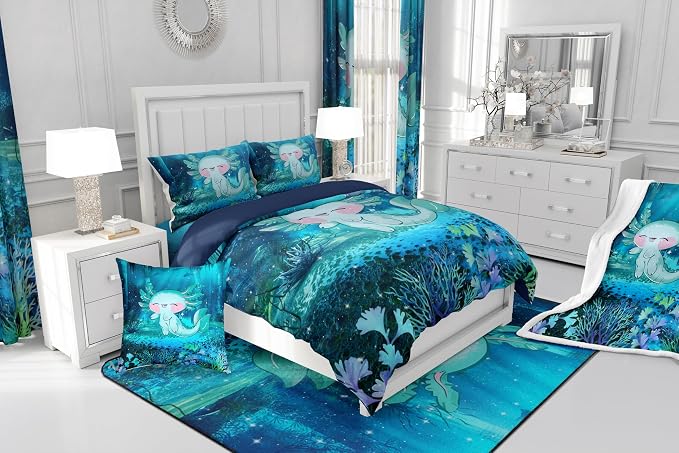 Manfei Cartoon 3D Print Axolotl Bedding Set for Boys Girls,Cute Ocean Animal All Season Cozy Comforter Set Full Size,Undersea World Plant Duvet Set Bedroom Decor,Personalized Birthday Gifts - Image 6