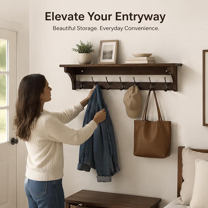 Wall Mounted Coat Rack with Shelf, Solid Wood & Bronze Metal Hooks – 31.1 Inch Entryway Organizer with 7 Hooks for Hanging Coats, Hats, Bags, Keys, Rustic Brown for Hallway，Bedroom（31.1 Inch） - Image 8