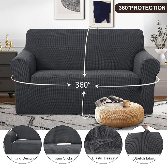 U-NICE HOME Loveseat Cover Stretch Couch Cover Sofa Slipcover, Dark Grey | 2 Cushion Sofa, 1-Piece Sofa cover, Washable, Pet friendly, Furniture protector, Polyester Spandex Jacquard fabric - Image 3