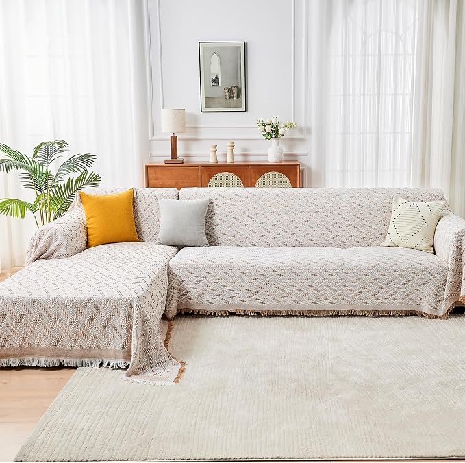 HOMERILLA 2 Piece Sectional Couch Cover for L Shape Sofa Khaki White XXXL | Washable Fabric, Anti-Pet Hair, Stain & Wear Resistant, Multiuse Sofa Blanket Protector, Pet Friendly Easy Installation - Image 9
