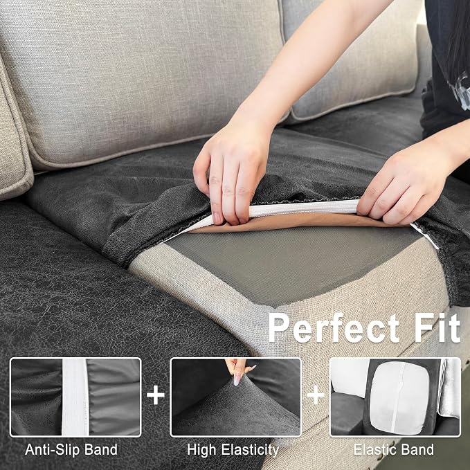 ANARACHON Leather Look Couch Cushion Covers Sofa Seat Slipcovers Sets Couches Furniture Protector for Sectional Armchair Loveseat Pets Kids Stretch Spandex Fabric (1 Cushion Armchair, Dark Grey) - Image 4